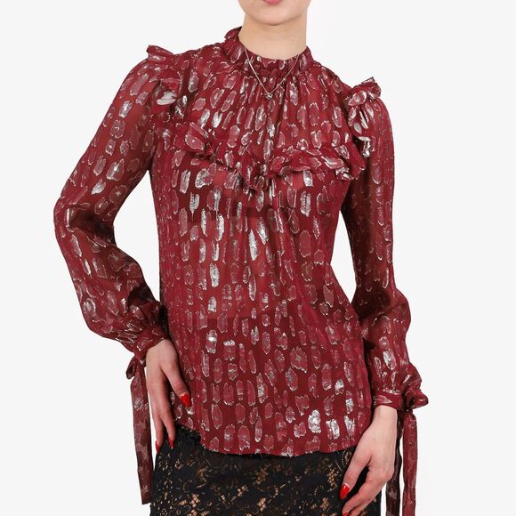 Veronica Beard Brooks Blouse in Red Silk Silver Metallic Size 4 - Picture 1 of 7
